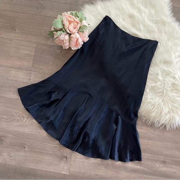 New Ralph Lauren Navy 100% Silk Flowy Midi Skirt 12 Petite - Picture 3 of 4